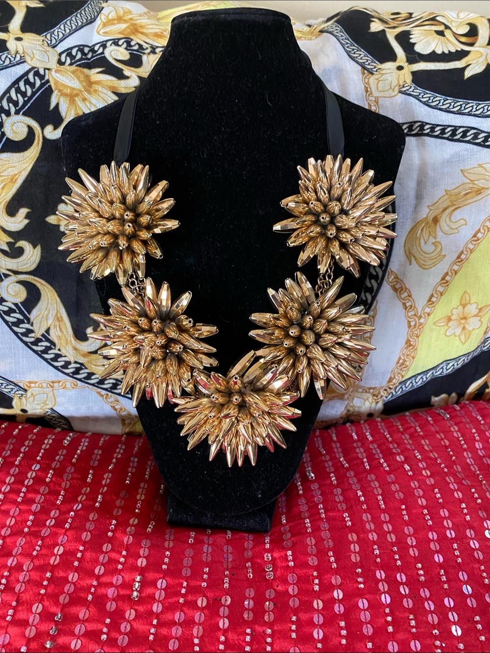 Stunning Designer Stamped Large Gold Black Necklace